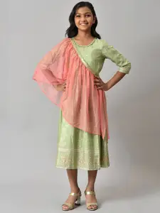 AURELIA Girls Green & Peach-Coloured Printed Dress With Embellished Dupatta