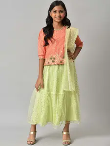 AURELIA Girls Orange Floral Embroidered Thread Work Top with Skirt & With Dupatta