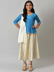AURELIA Girls Blue & Cream-Coloured Printed Top & Skirt With Dupatta