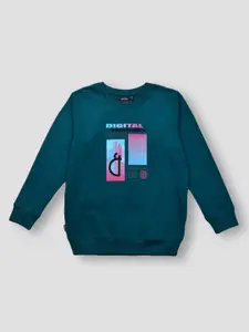 Gini and Jony Boys Green Printed Fleece Sweatshirt