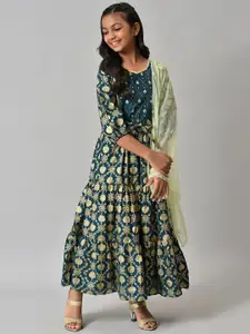 AURELIA Women Green Ethnic Motifs Pure Cotton Maxi Dress