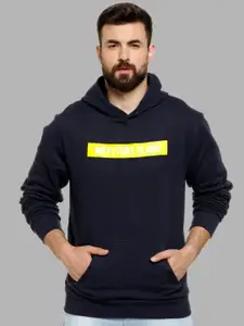 Campus Sutra Men Blue Printed Hooded Cotton Sweatshirt