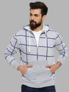 Campus Sutra Men Grey Checked Hooded Sweatshirt