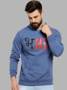 Campus Sutra Men Blue Printed Hooded Cotton Sweatshirt