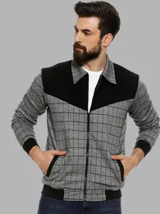 Campus Sutra Men Grey Black Checked Windcheater Outdoor Open Front Jacket