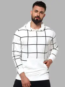 Campus Sutra Men White Checked Hooded Cotton Sweatshirt