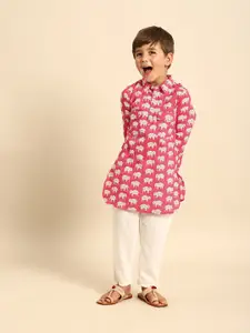 House of Pataudi Boys Pink Ethnic Motifs Printed Pure Cotton Kurta with Trousers