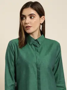 Hancock Women Green Solid Herringbone Pure Cotton Regular Fit Formal Shirt