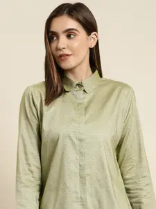 Hancock Women Green Self Design Oxford Chambray Pure Cotton Regular Fit Formal Shirt