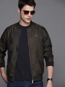 Louis Philippe Men Black Solid Mandarin Collar Woven Bomber Jacket