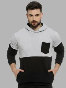 Campus Sutra Men Black Colourblocked Hooded Sweatshirt