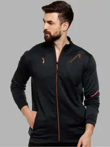 Campus Sutra Men Black Windcheater Outdoor Open Front Jacket with Embroidered
