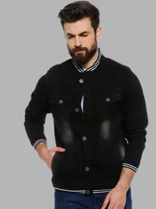 Campus Sutra Men Black Geometric Windcheater Outdoor Cotton Denim Jacket