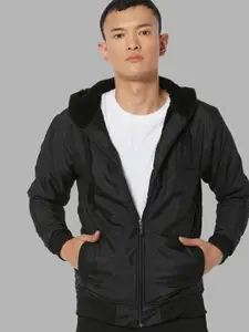 Campus Sutra Men Black Striped Windcheater Outdoor Puffer Jacket