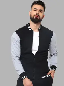 Campus Sutra Men Black Colourblocked Windcheater Outdoor Open Front Jacket