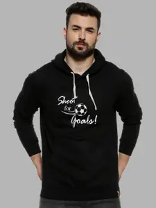 Campus Sutra Men Black Printed Hooded Cotton Sweatshirt