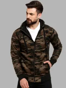 Campus Sutra Men Green Camouflage Windcheater Outdoor Open Front Jacket