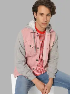 Campus Sutra Men Pink Grey Colourblocked Windcheater Outdoor Tailored Jacket