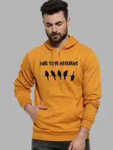Campus Sutra Men Mustard Printed Hooded Sweatshirt