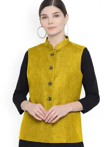 Vastraa Fusion Women Yellow Solid Woven Cotton Jute Nehru Jackets