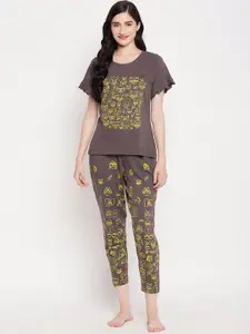 Clovia Clovia Women Grey & Yellow Printed Pure Cotton Night suit