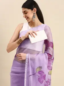 Apaapi Threads of glory Purple & Green Floral Print Organza Saree