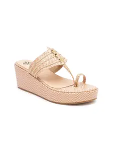 Sole To Soul Beige & Gold-Toned Textured Wedge Heels