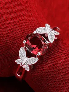 Designs By Jewels Galaxy Silver-Plated Red & White CZ Studded Adjustable Ring