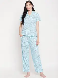 Clovia Clovia Women Blue & Maroon Printed Night suit