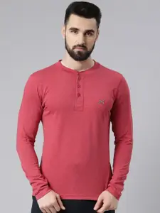 Force NXT Men Red Solid Henley Neck T-Shirt