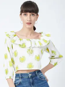 DELAN White & Green Cotton Floral Print Tie-Up Neck Crop Top