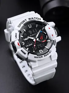 V2A Men Black Patterned Dial & White Straps Analogue Multi Function Watch V2A-ADM8043