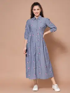 HOUSE OF KKARMA Grey & Pink Cotton Floral Embroidered Shirt Midi Dress