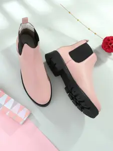 El Paso Women Pink Solid Casual Block-Heeled Chelsea Boots