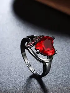 Designs By Jewels Galaxy Sliver-Plated & Red CZ Studded Heart Shape Finger Ring
