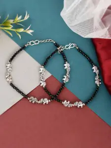 Silvermerc Designs Silver-Plated Black Stone-Beaded Designed Anklet