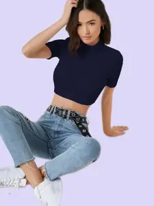 Dream Beauty Fashion Women Navy Blue Solid High Neck Fitted Crop Top