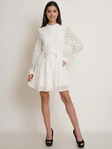 IX IMPRESSION Women White Schiffli Mandarin Collar Long Sleeves Cotton Mini Dress