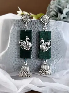 Shoshaa Women Green Silver-Plated Peacock Shaped Drop Earrings