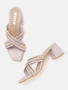 ELLE Lavender & Gold-Toned Stone Embellished Striped Woven Design Block Heels
