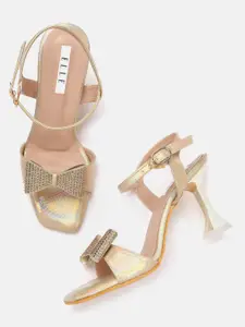 ELLE Gold-Toned Snake Skin Textured Stone Embellished Heels with Bow Upper