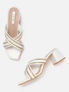 ELLE Women White & Gold-Toned Striped Woven Block Heels
