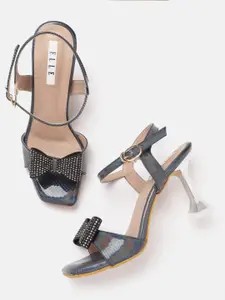 ELLE Navy Blue & Black Iridescent Effect Slim Heels with Embellished Bow Detail