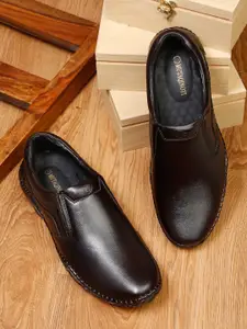 MUTAQINOTI Men Brown Solid Leather Formal Slip-Ons