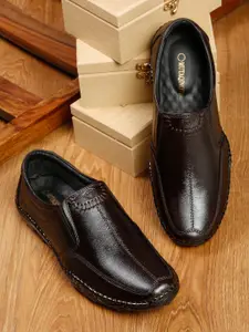 MUTAQINOTI Men Brown Solid Leather Formal Slip-Ons