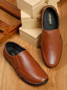 MUTAQINOTI Men Tan Brown Solid Leather Slip-Ons
