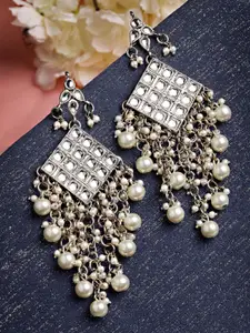 KARATCART Women Silver-Plated & White Contemporary Drop Earrings