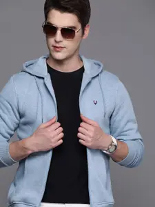 Allen Solly Men Blue Solid Front-Open Hooded Sweatshirt