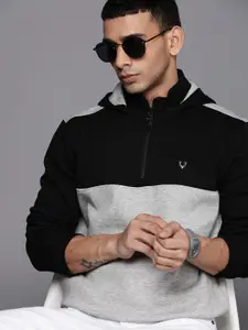 Allen Solly Men Black & Grey Colourblocked Hooded Sweatshirt