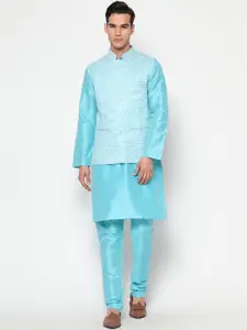 GoStyle Men Blue Kurta with Churidar & Thread Work Nehru Jacket